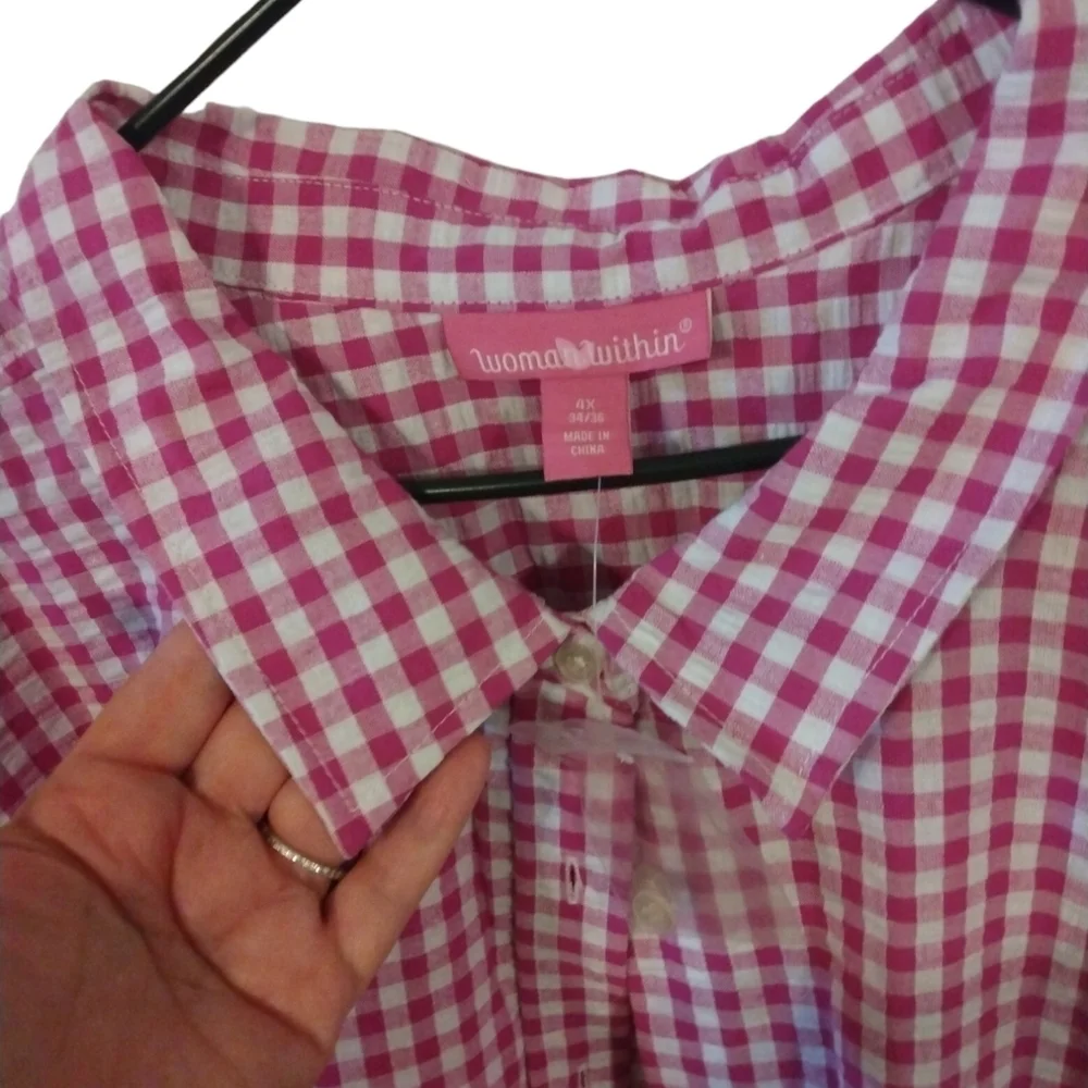 Gingham Red White Button Up Woman Within Button Up Elbow Slvs. Country Casual 4X - Picture 3 of 8